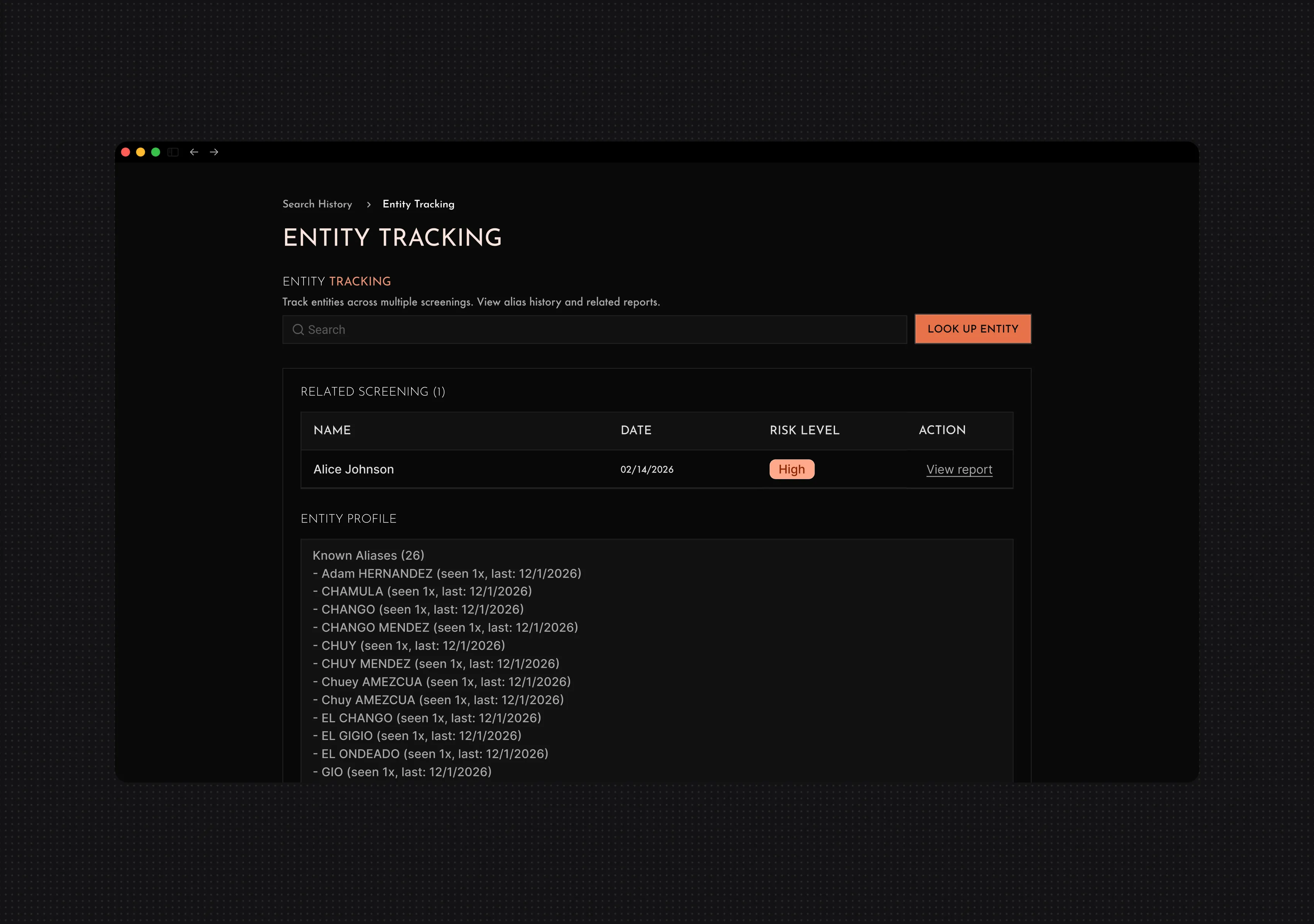 Entity tracking screen