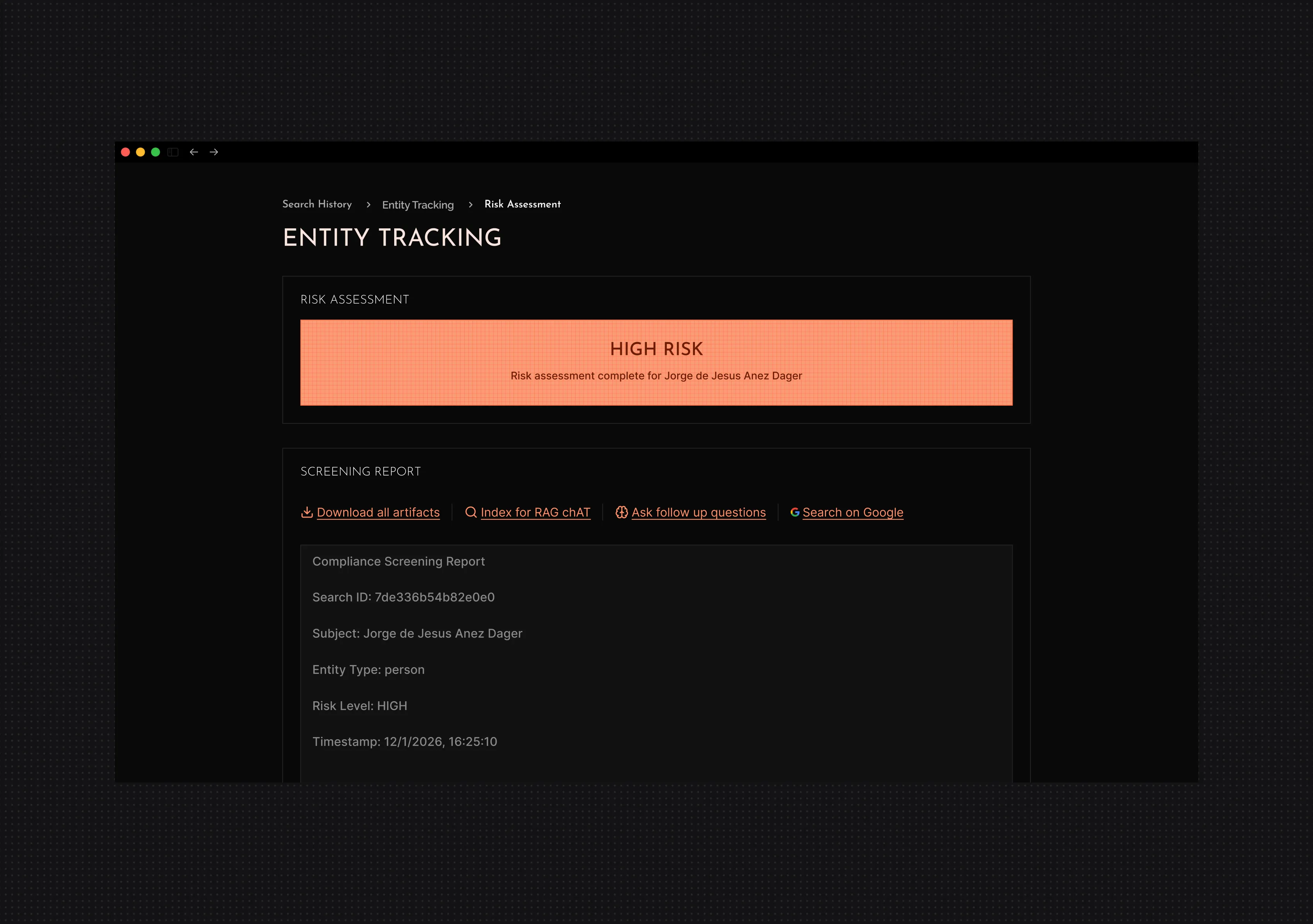 Risk assessment result screen